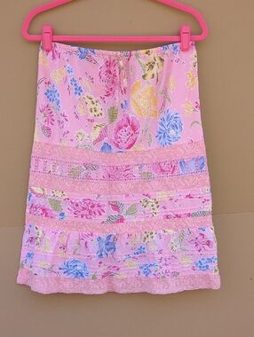 Banana Republic Shabby Chic Boho Floral Lace Trim Skirt 8 Fairycore Cotton Linen